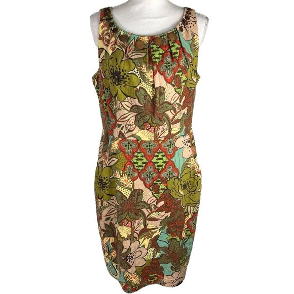 Jessica Howard Floral Linen Blend Dress Size 14 Pockets Fall Colors Wood Beading - Picture 1 of 14